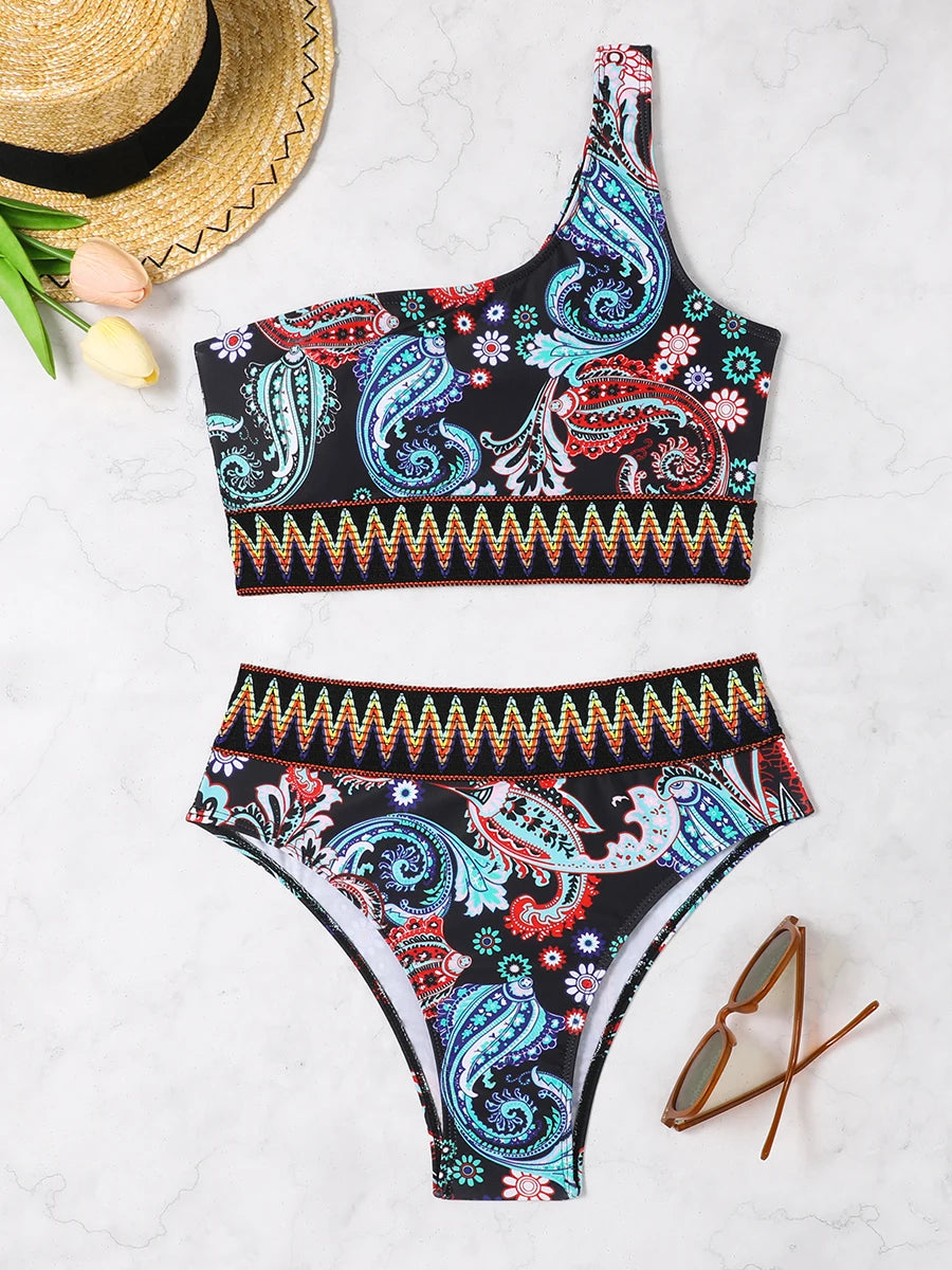 Paisley One-Shoulder Bikini Set