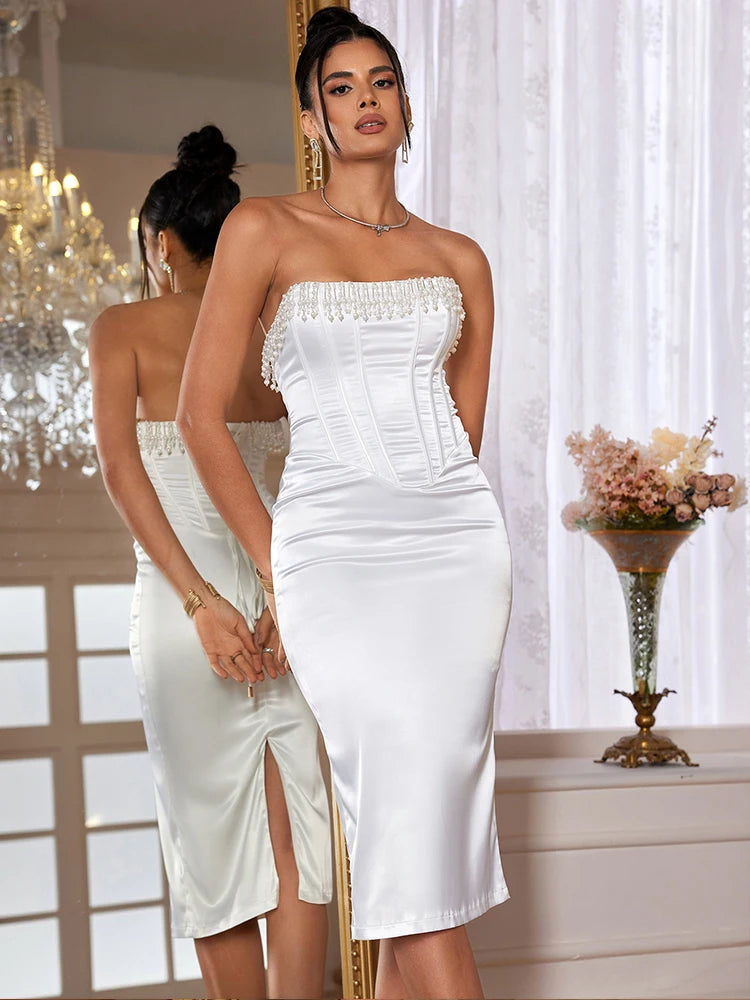Strapless Satin Midi Dress