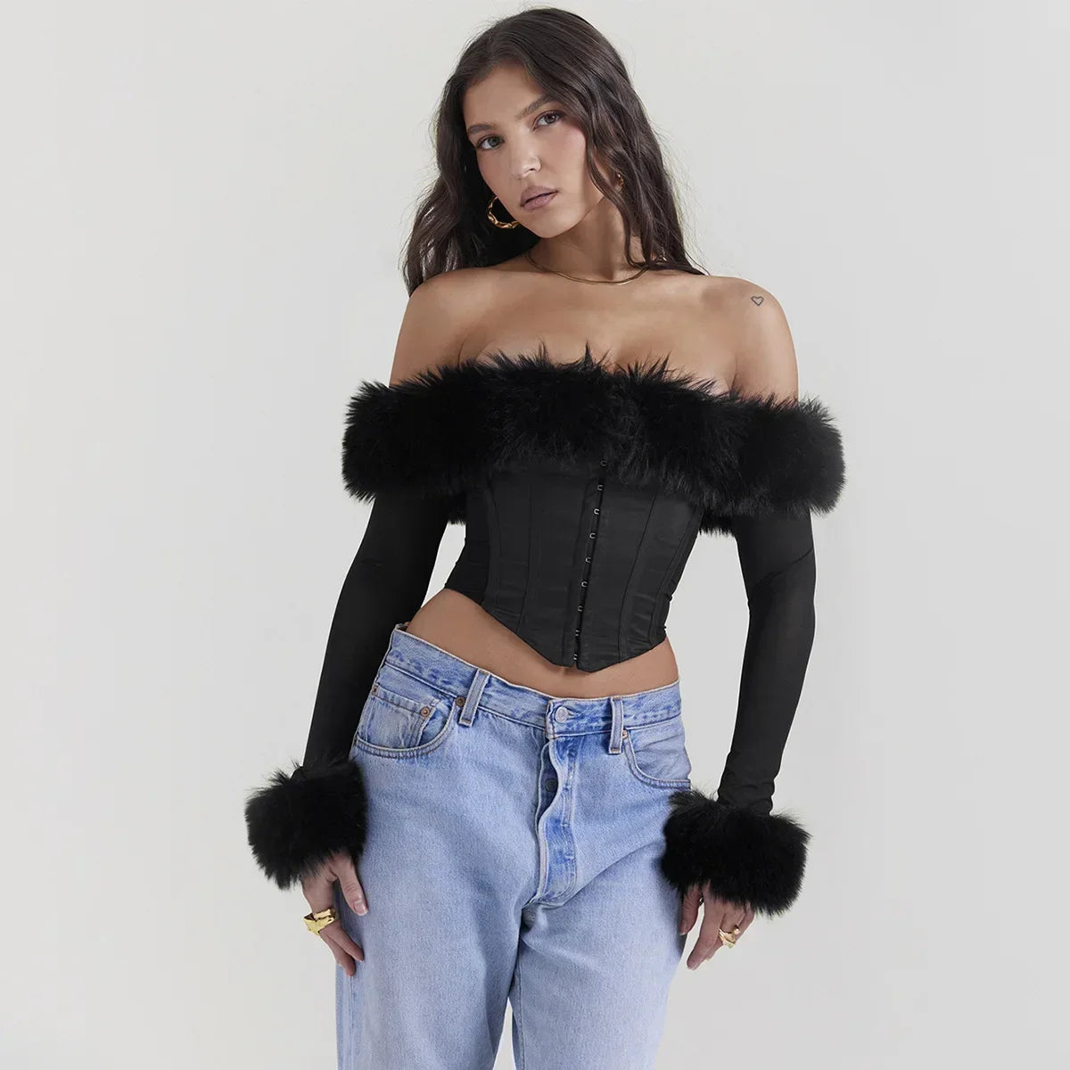 Feather Trim Corset Top