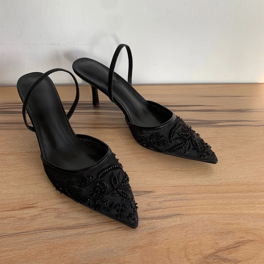 Embroidered Slingback Kitten Heels