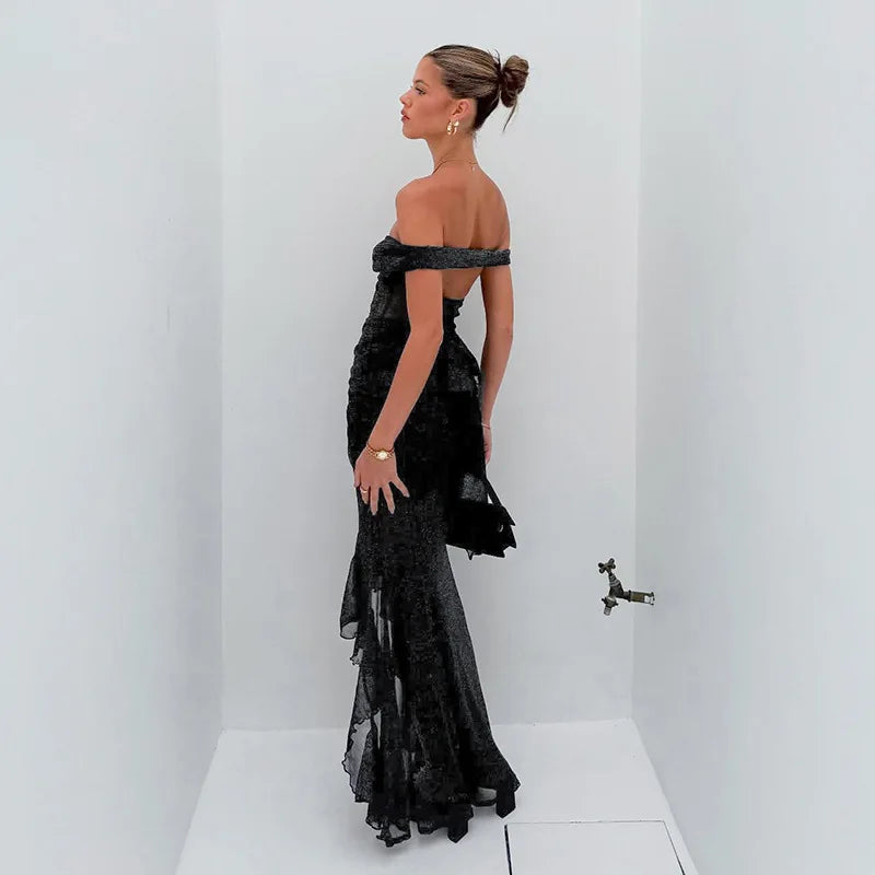 Sheer Glitter Cutout Maxi Dress