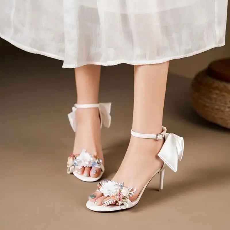 Floral Bow Ankle Strap Heels