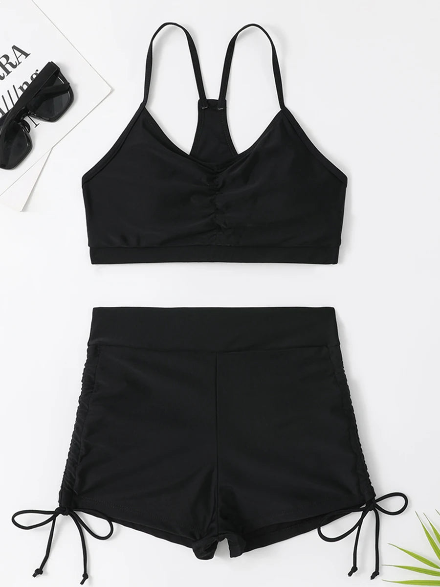 Striped Drawstring Bikini Set with Shorts