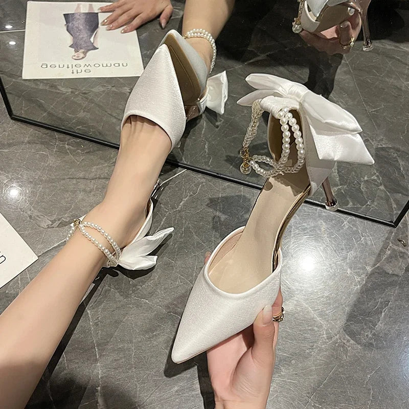 Satin Pearl Bow Stiletto Heels