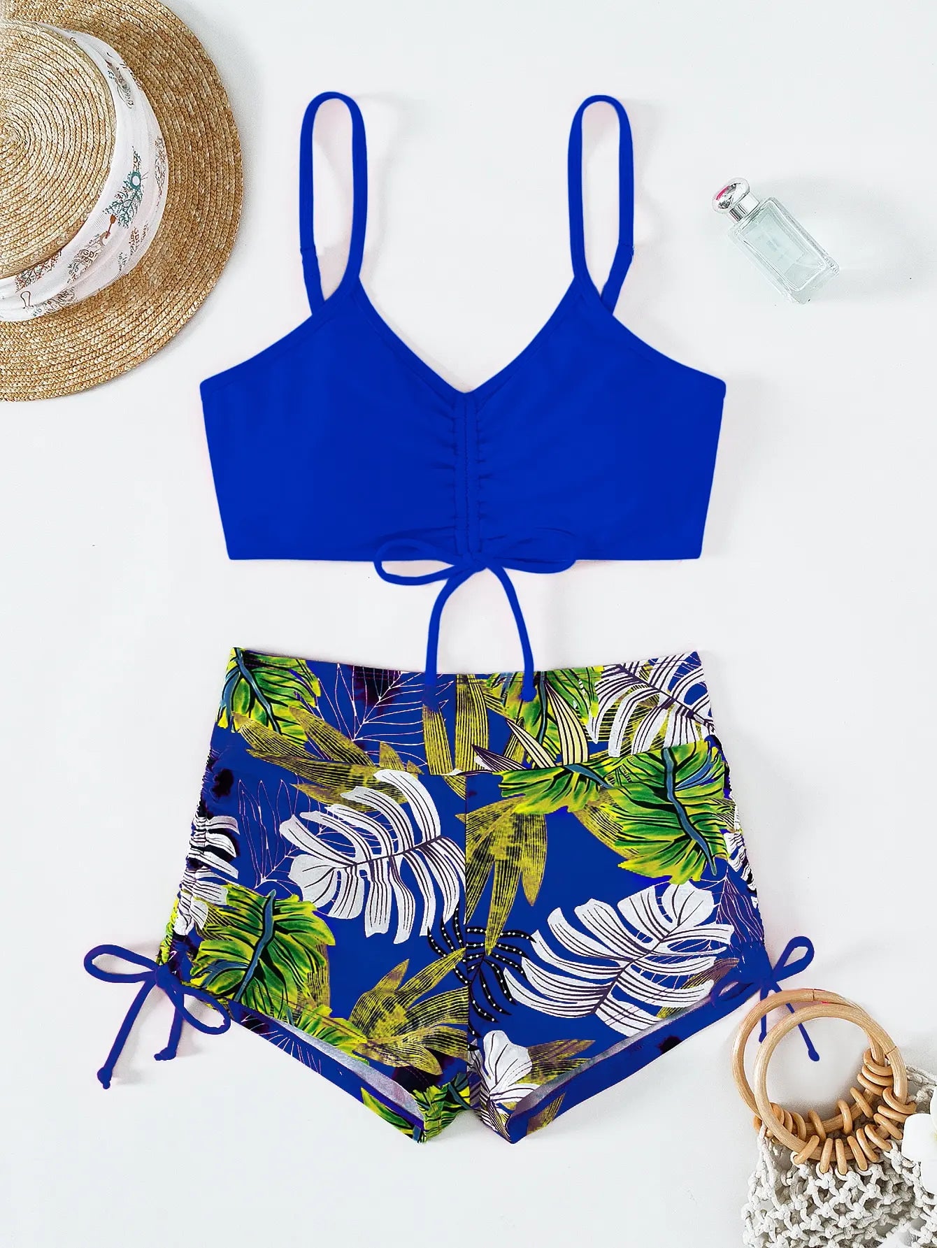 Striped Drawstring Bikini Set with Shorts