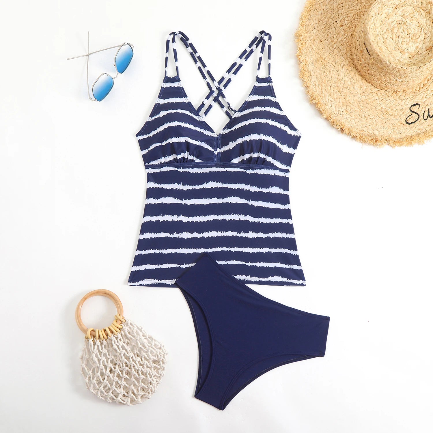 Striped Tankini Set with Mid-Rise Bottoms