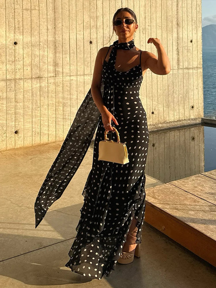 Midnight Polka Dot Ruffle Maxi Dress