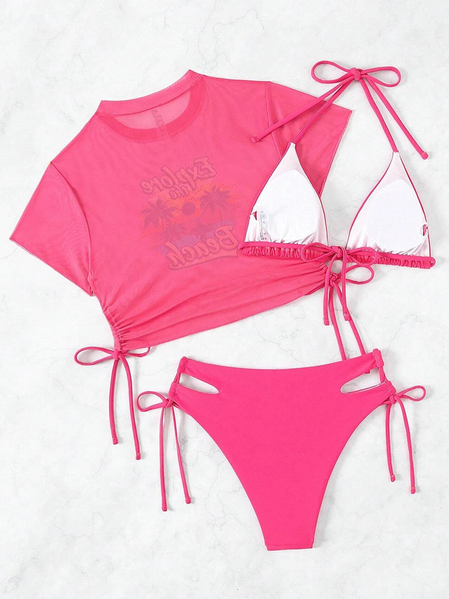 Mesh Crop Top Bikini Set