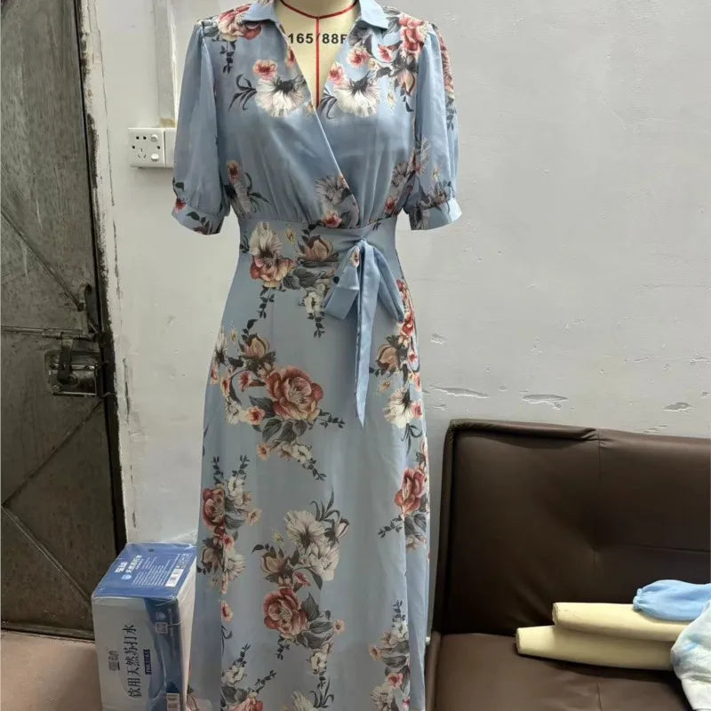Elegant Floral Wrap Dress with Belt & Sheer Sleeves