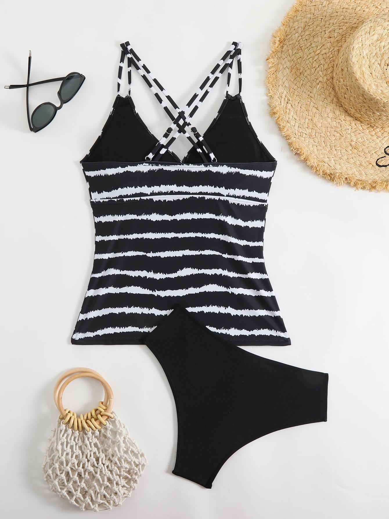 Striped Tankini Set with Mid-Rise Bottoms
