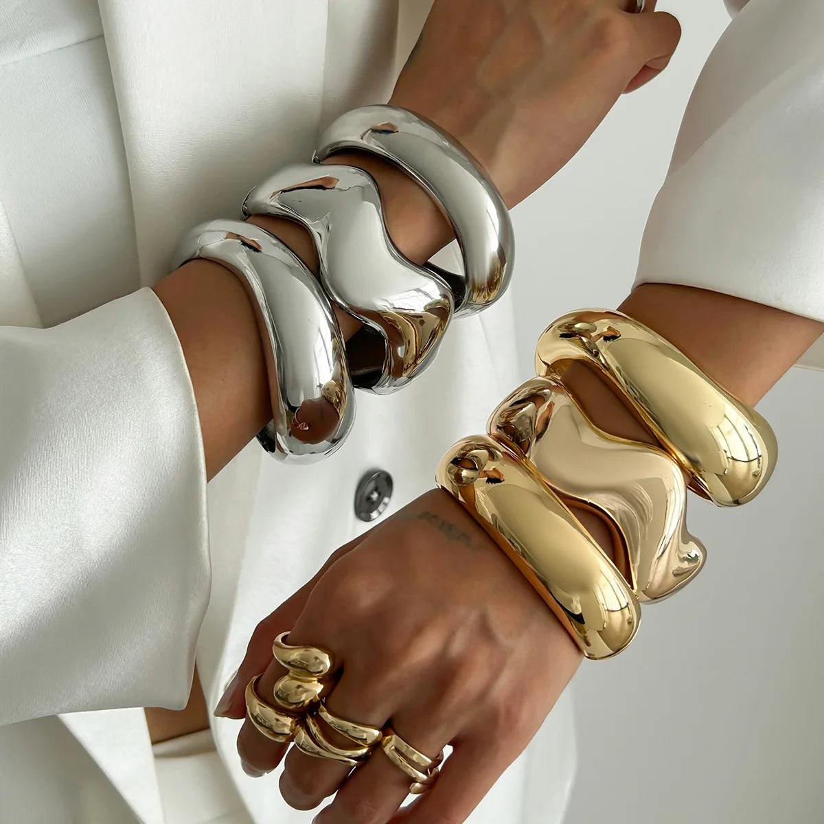Bold Chunky Sculpted Cuff & Ring Set – Gold & Silver Finish