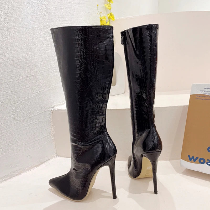 Knee-High Faux Croc Stiletto Boots
