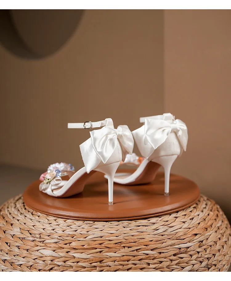 Floral Bow Ankle Strap Heels