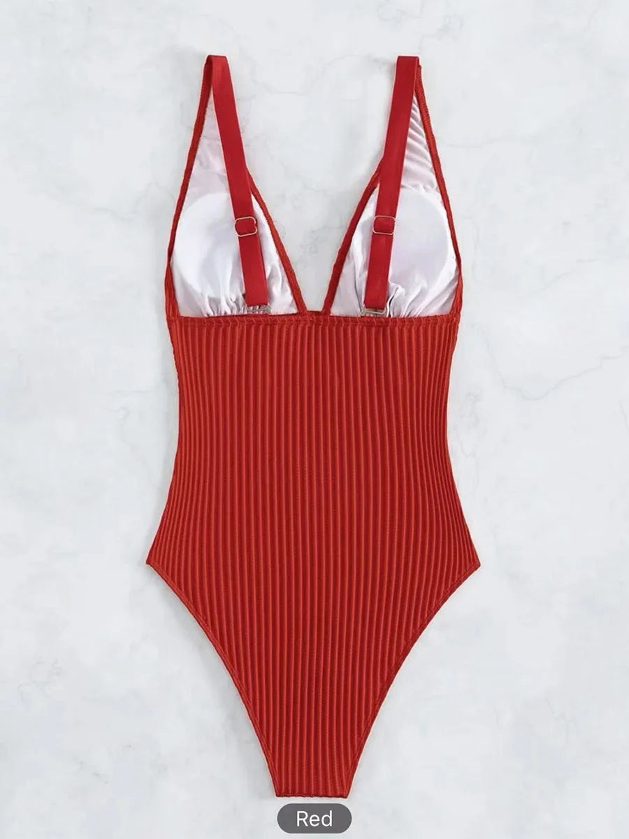 Ribbed V-Neck One-Piece Swimsuit