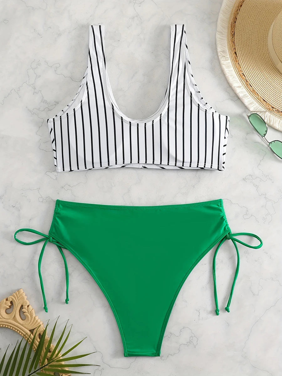 Striped Twist Bikini Top & Green Tie-Side Bottoms