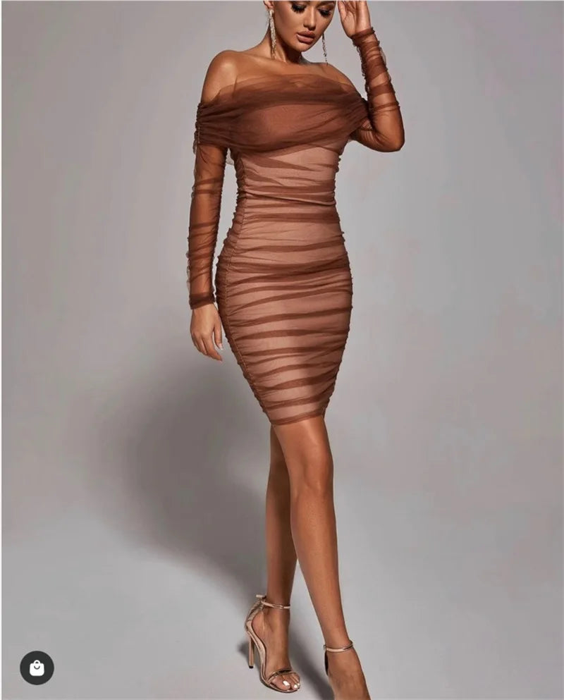 Off-Shoulder Mesh Ruched Bodycon Dress