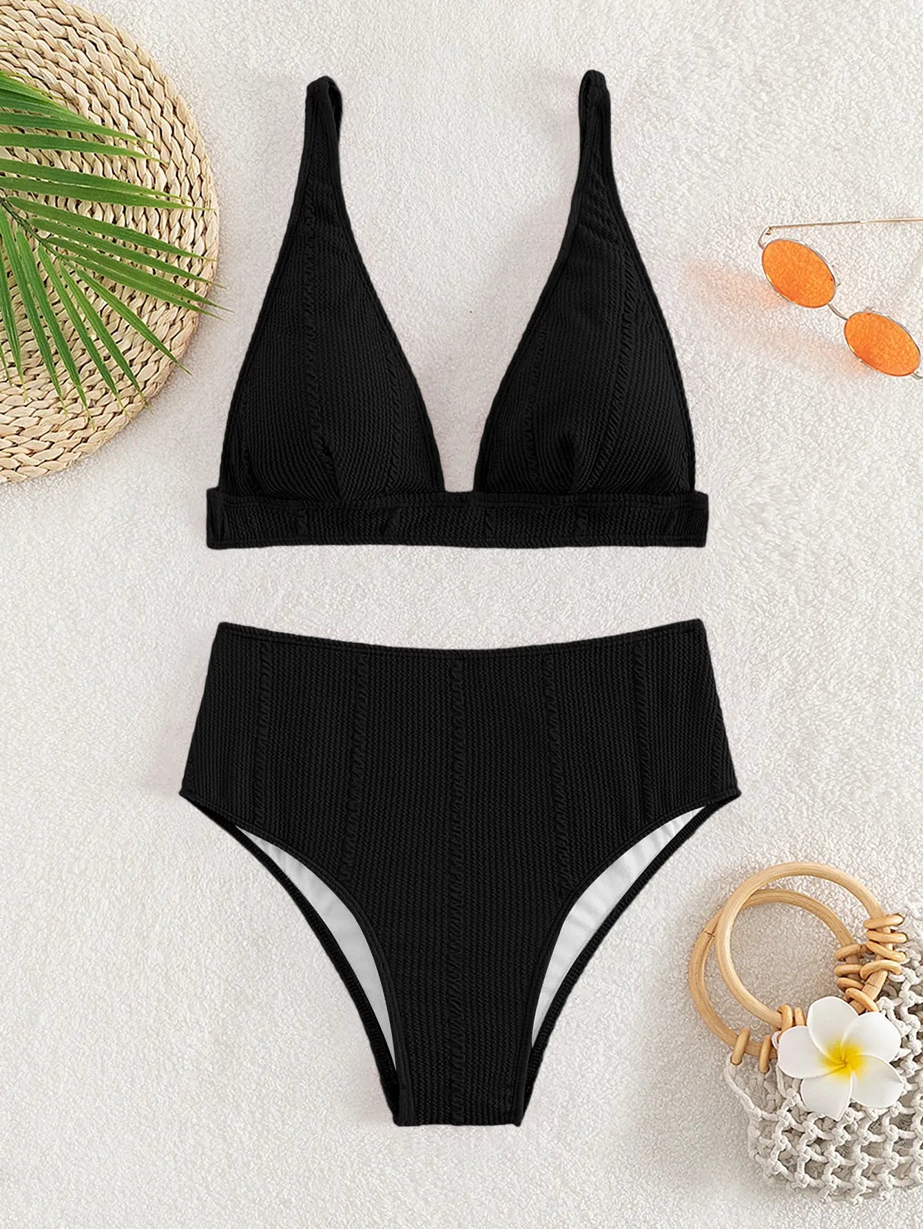 Textured High Waist Bikini Set