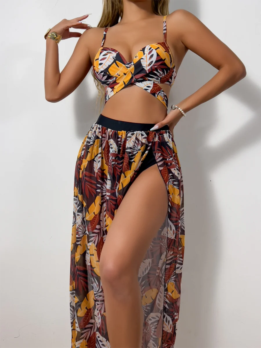 Tropical Print Bikini & Maxi Skirt Set