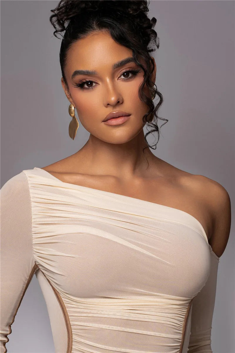One-Shoulder Contour Mesh Dress
