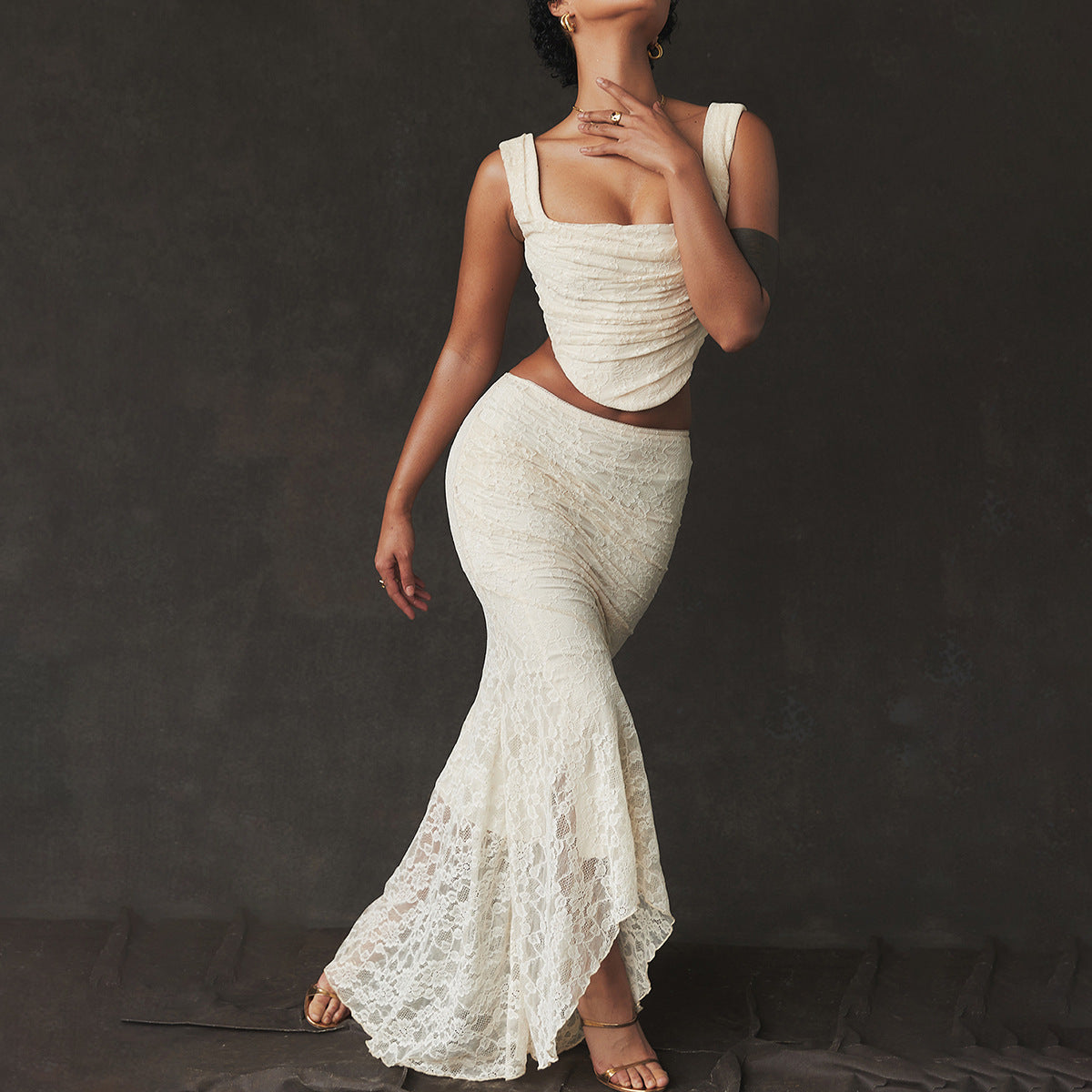 Lace Ruched Two-Piece Maxi Dress