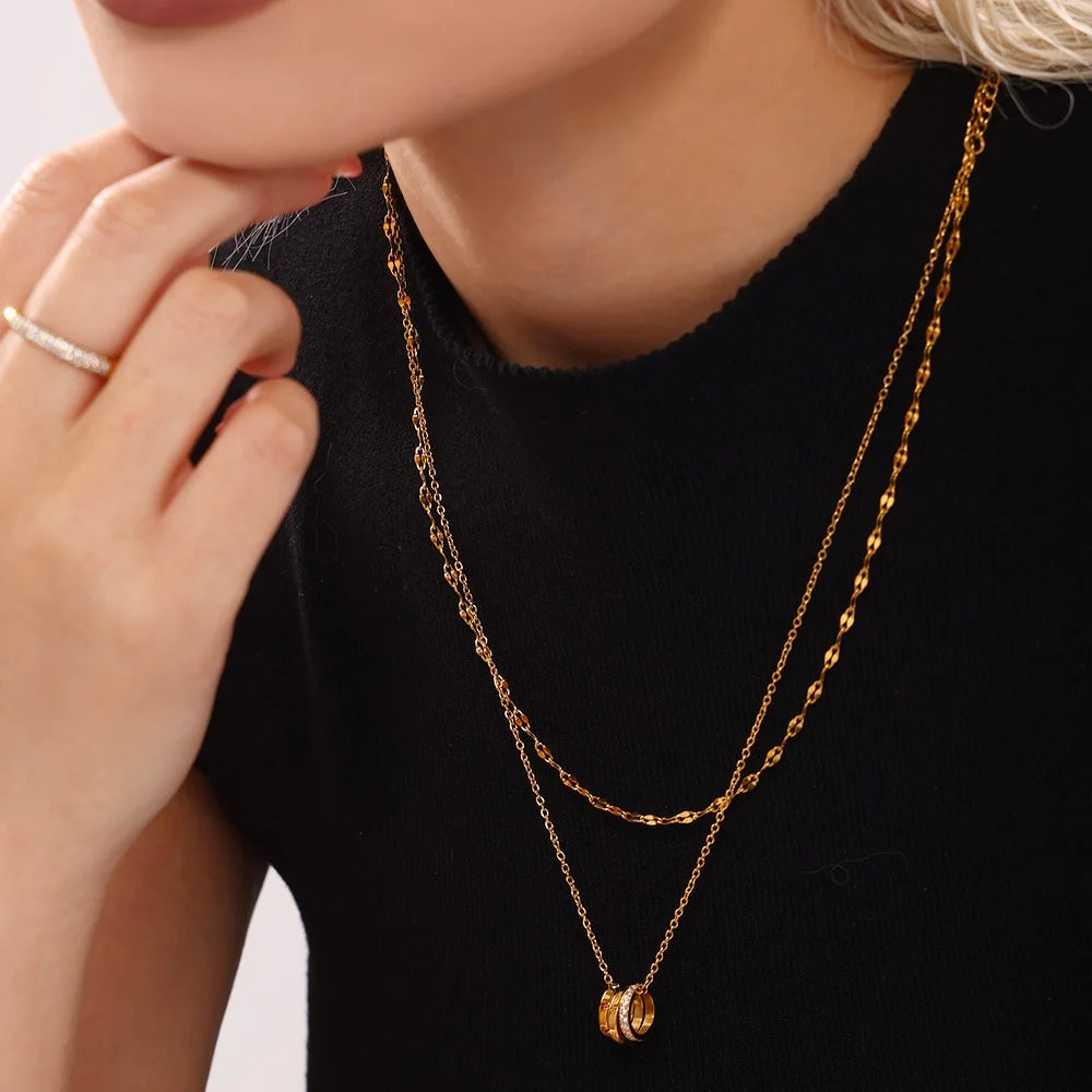 Golden Multi-Ring Pendant Necklace
