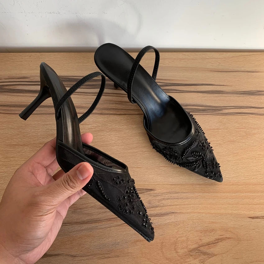 Embroidered Slingback Kitten Heels