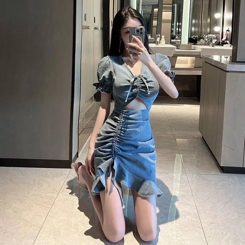 Lace-Up Cutout Denim Mini Dress