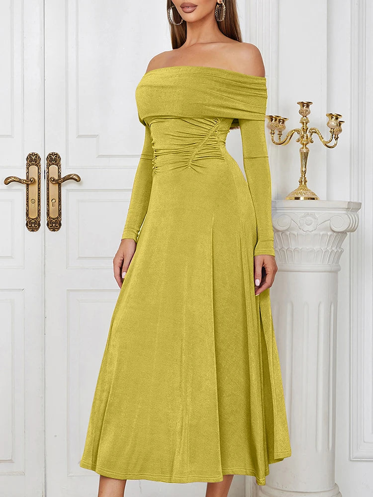 Off-Shoulder Long Sleeve Midi Dress
