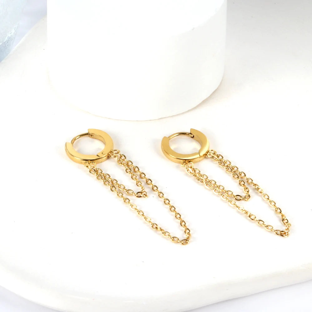 Gold Hoop Earrings with Double Chain Drop