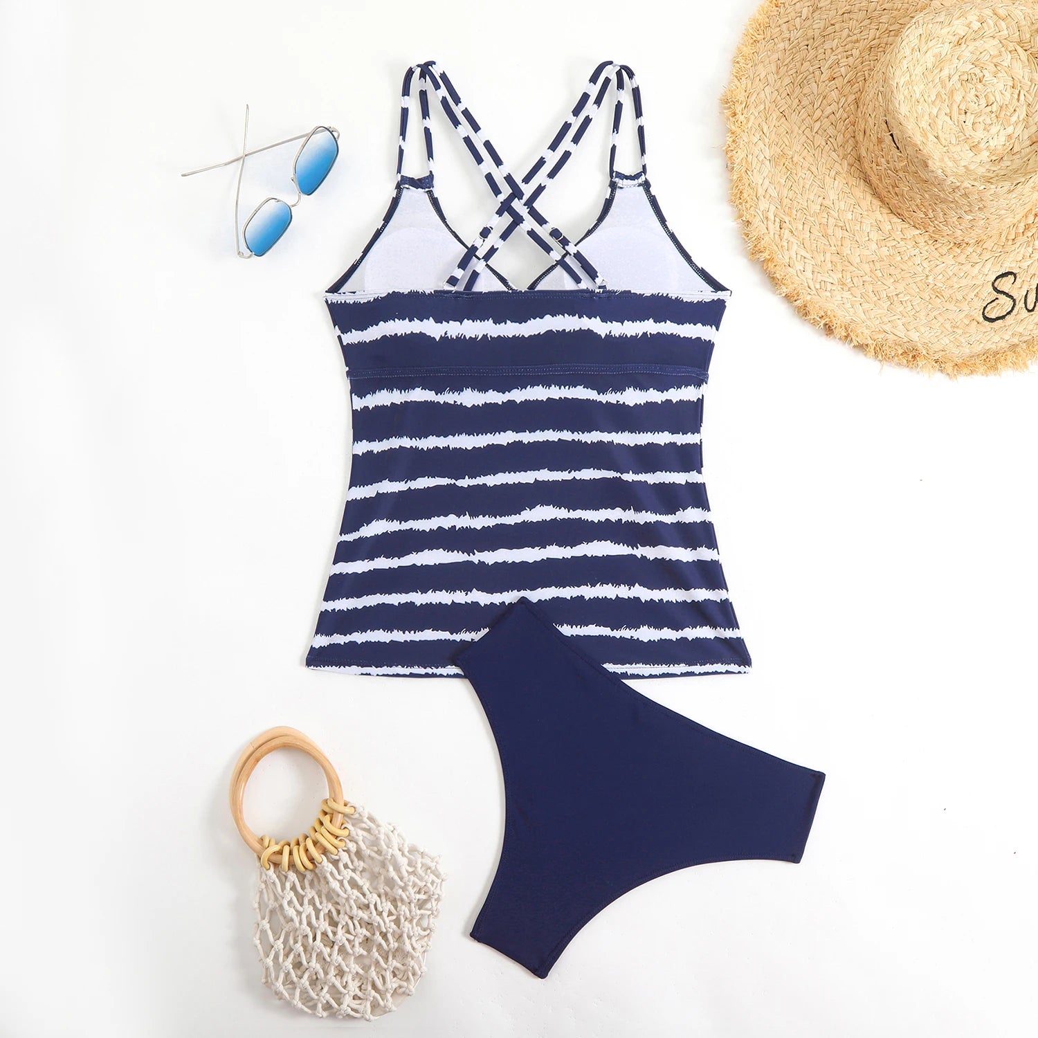 Striped Tankini Set with Mid-Rise Bottoms