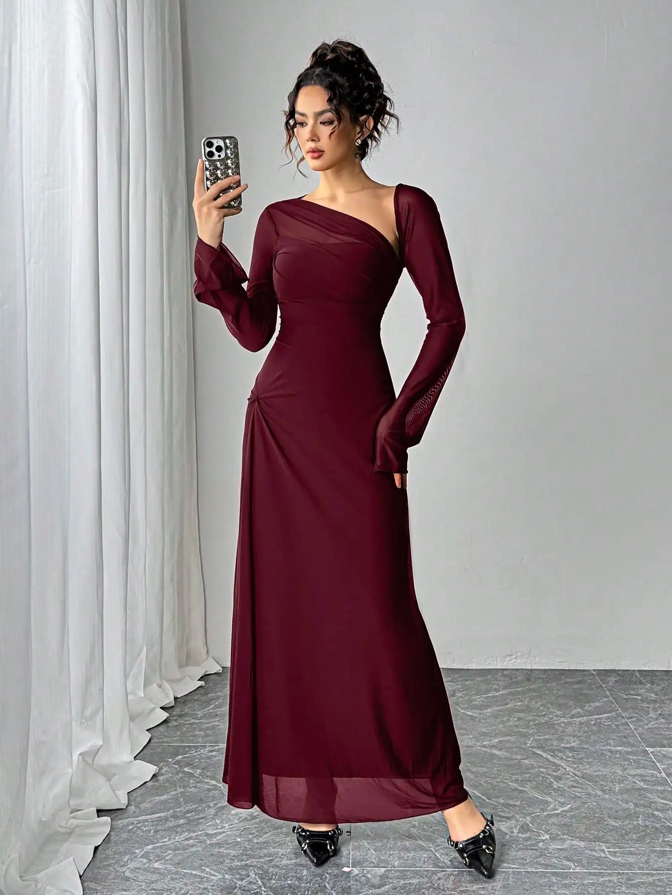 Asymmetrical Sheer Sleeve Evening Gown