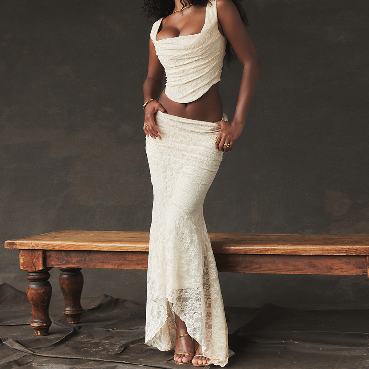 Lace Ruched Two-Piece Maxi Dress