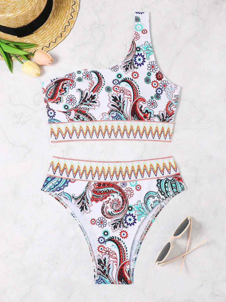 Paisley One-Shoulder Bikini Set