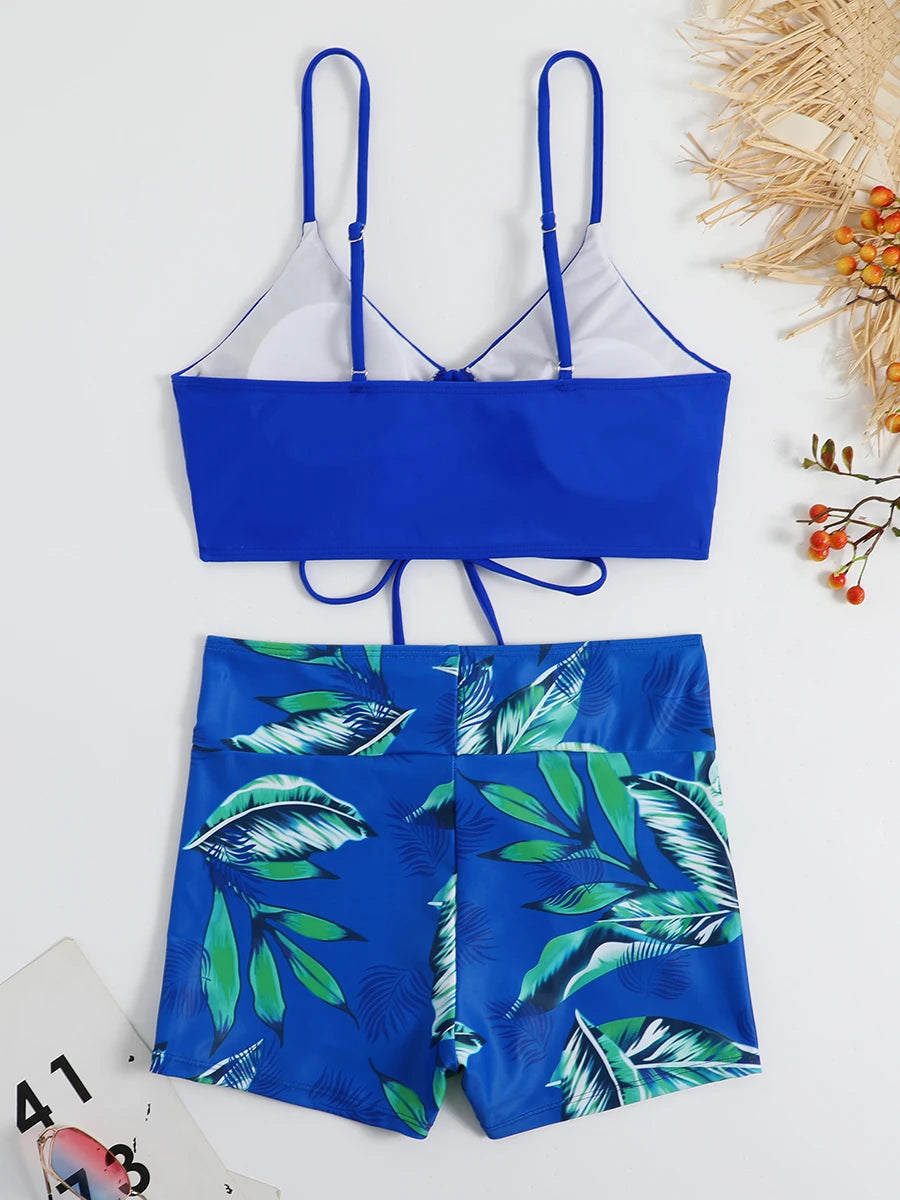 Striped Drawstring Bikini Set with Shorts