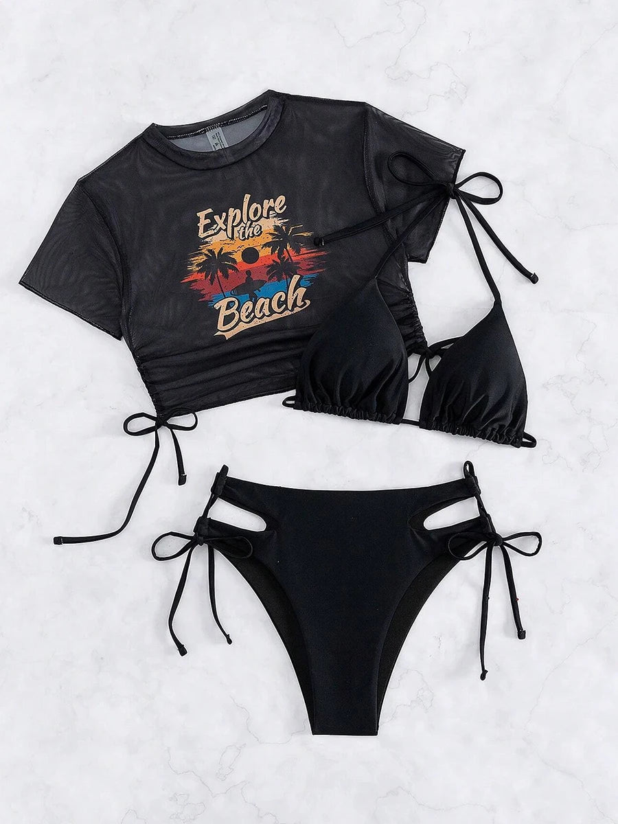 Mesh Crop Top Bikini Set