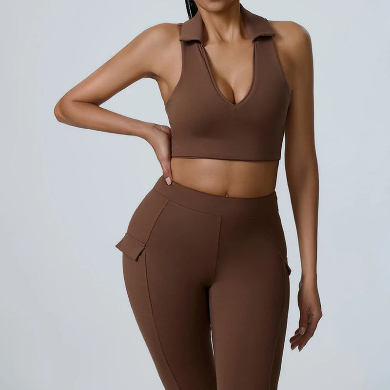 Collared V-Neck Crop Top & Pocket Leggings Set