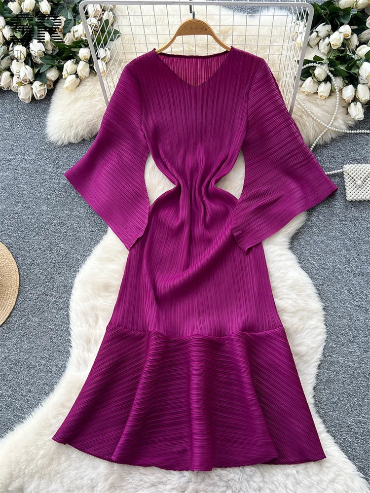 Pleated Flare Sleeve Midi Dress
