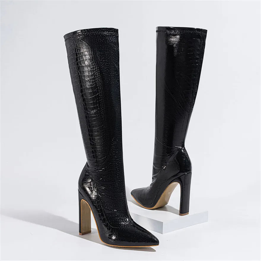Faux Croc Knee-High Boots