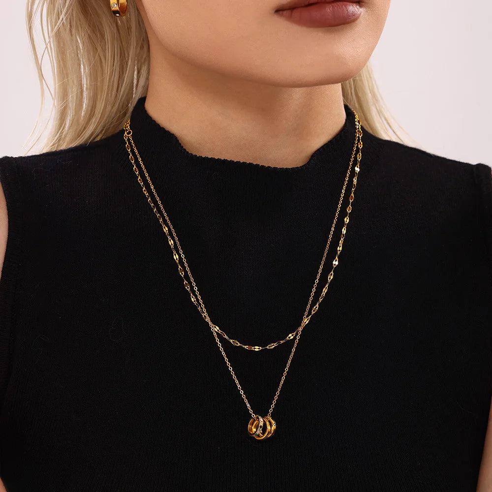 Golden Multi-Ring Pendant Necklace