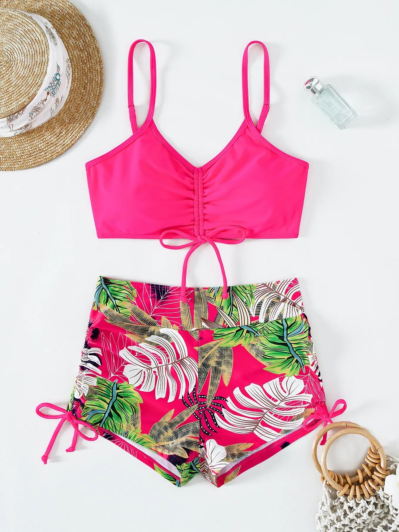 Striped Drawstring Bikini Set with Shorts
