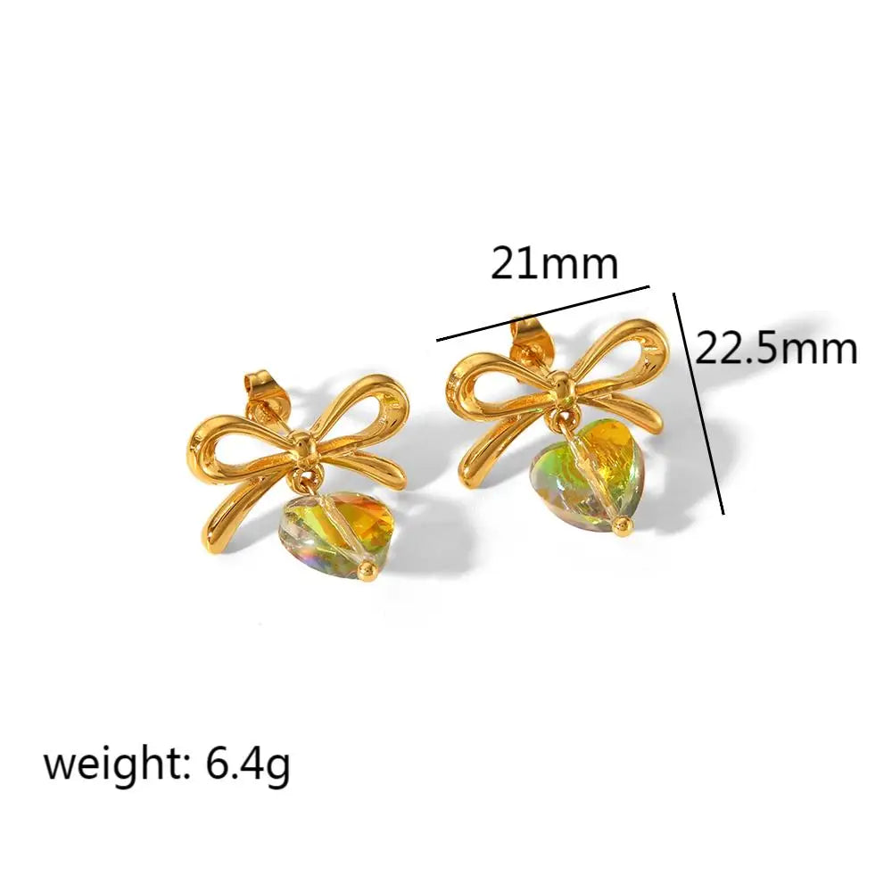 Crystal Heart Bow Stud Earrings