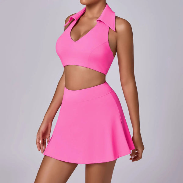 Collared Halter Tennis Skirt Set