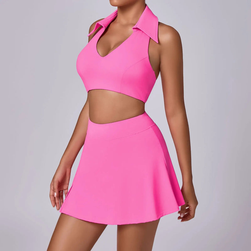 Collared Halter Tennis Skirt Set