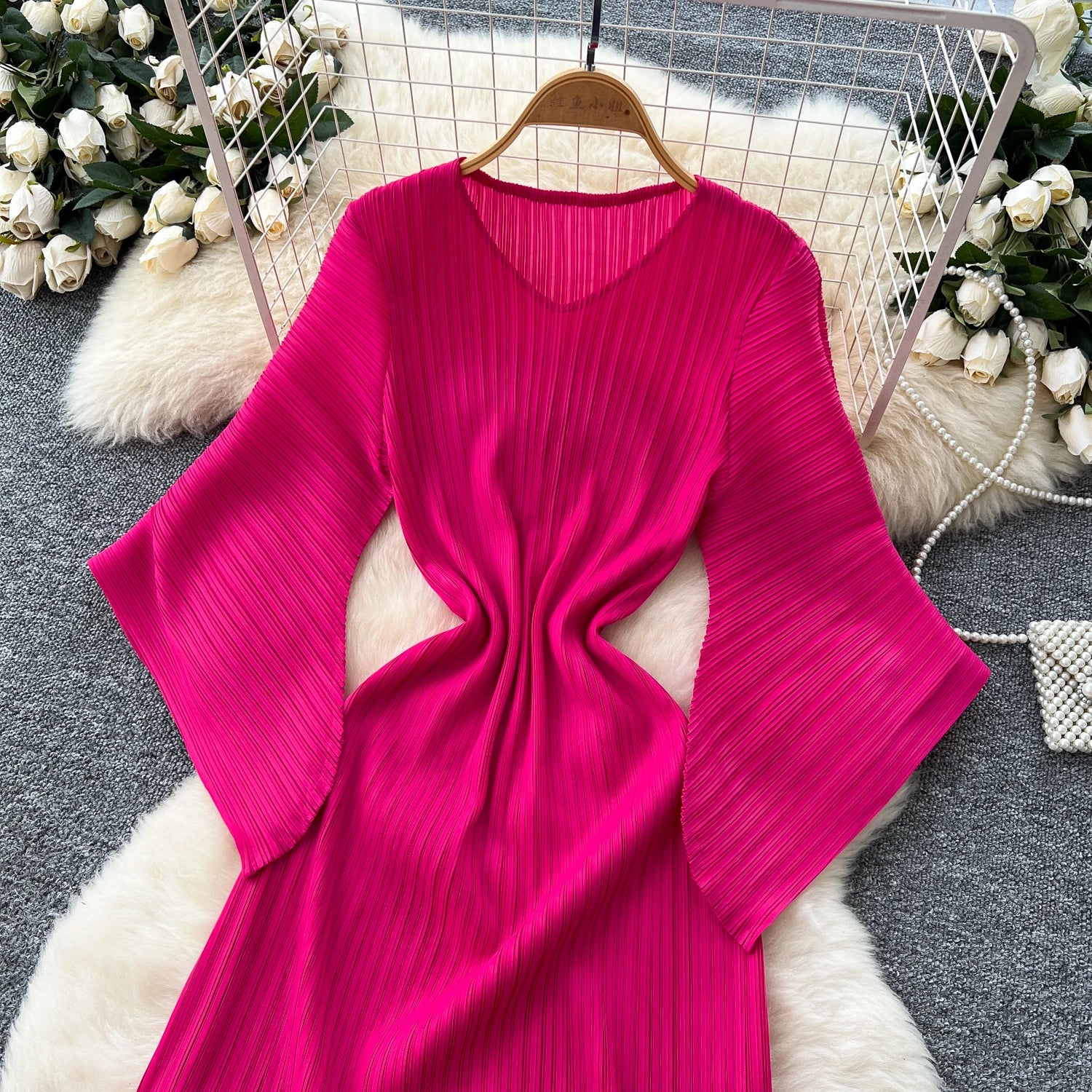 Pleated Flare Sleeve Midi Dress