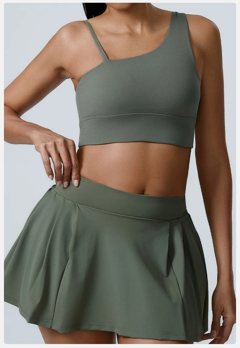 Asymmetric Sports Bra & Pleated Skirt Set