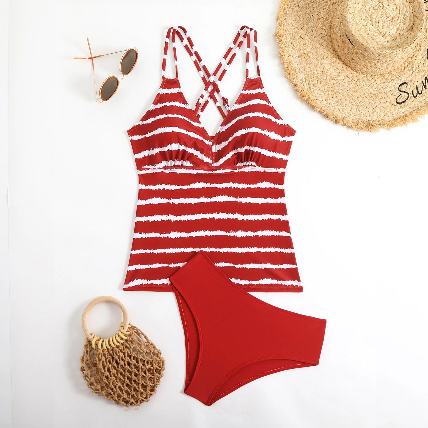 Striped Tankini Set with Mid-Rise Bottoms