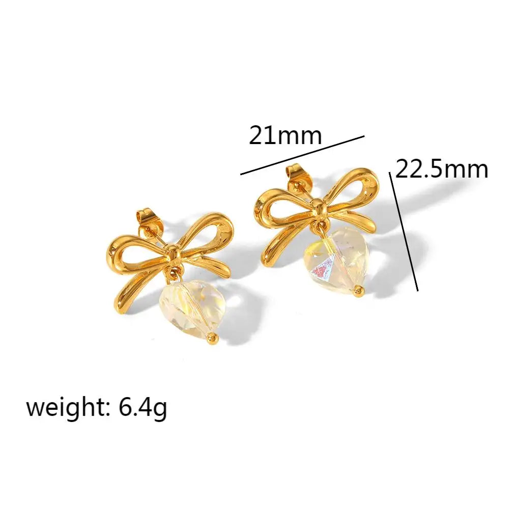 Crystal Heart Bow Stud Earrings