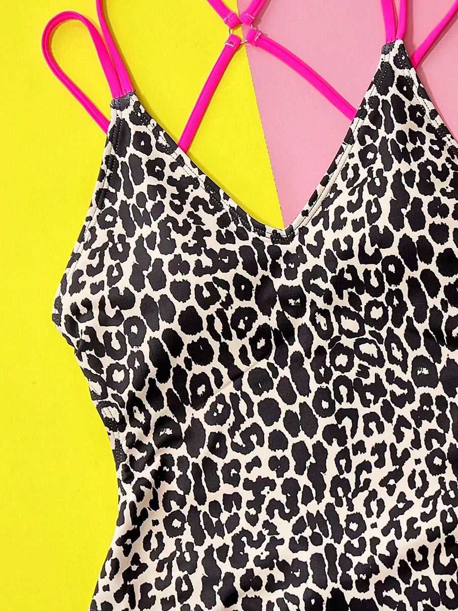 Leopard Print V-Neck One-Piece Swimsuit