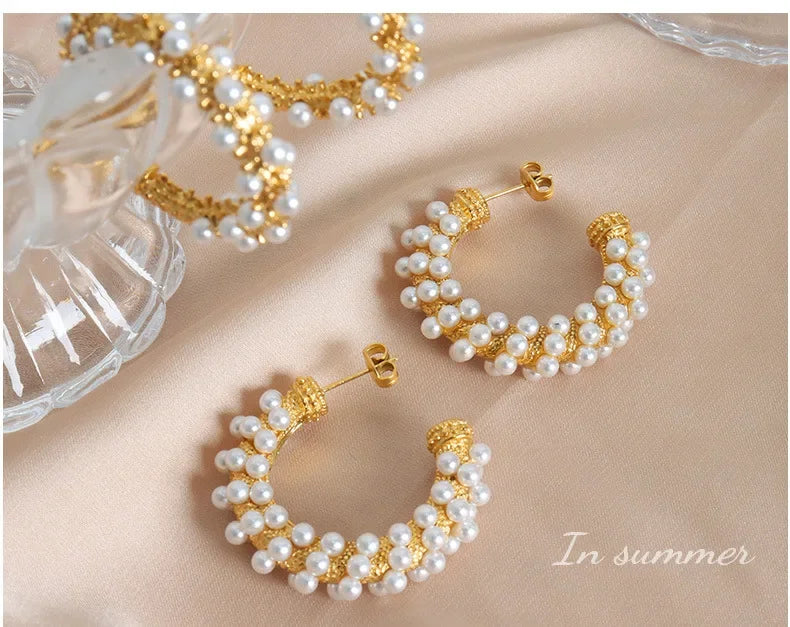 Pearl Cluster Hoop Earrings