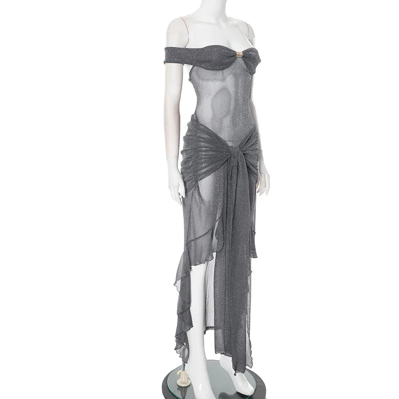 Sheer Glitter Cutout Maxi Dress